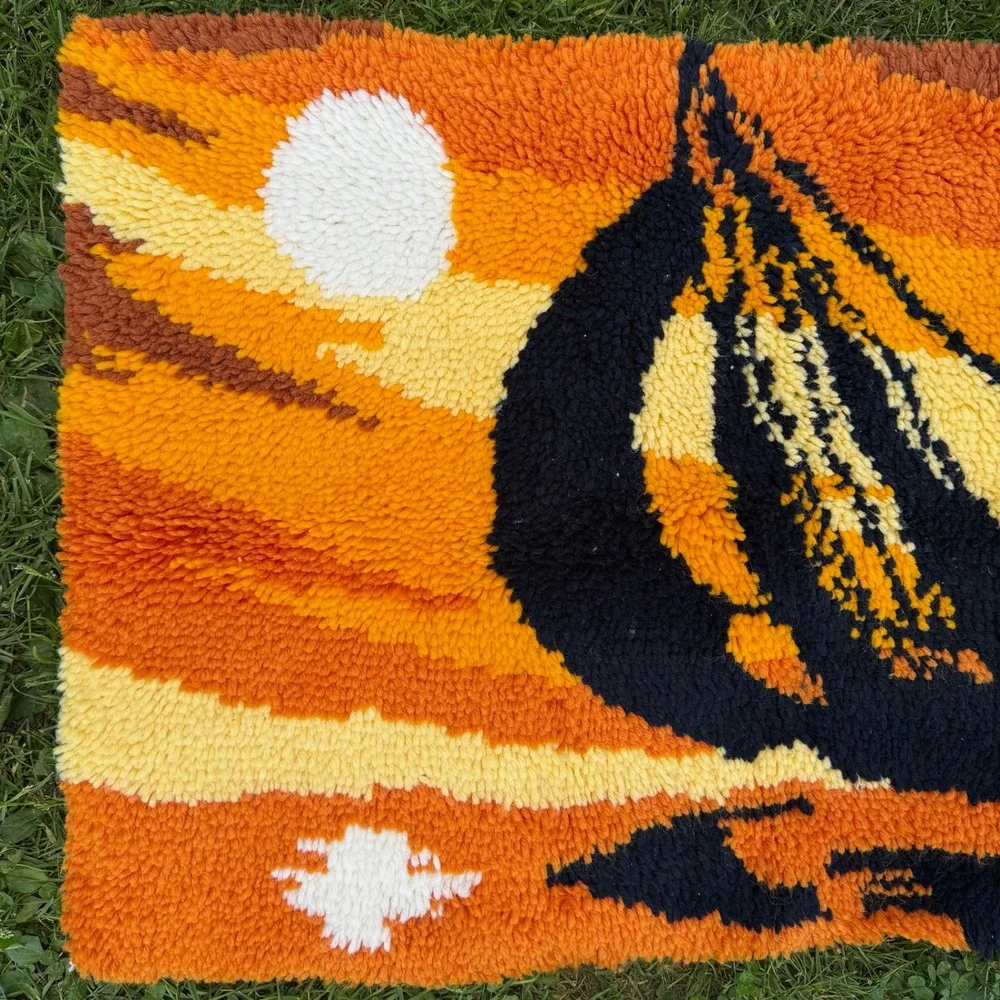 Vintage Latch Hook Rug 35x24 Orange Sailboat Sunset Retro 70s Wall Hanging
